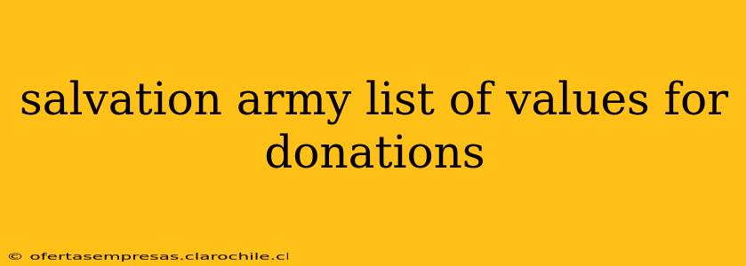 salvation army list of values for donations